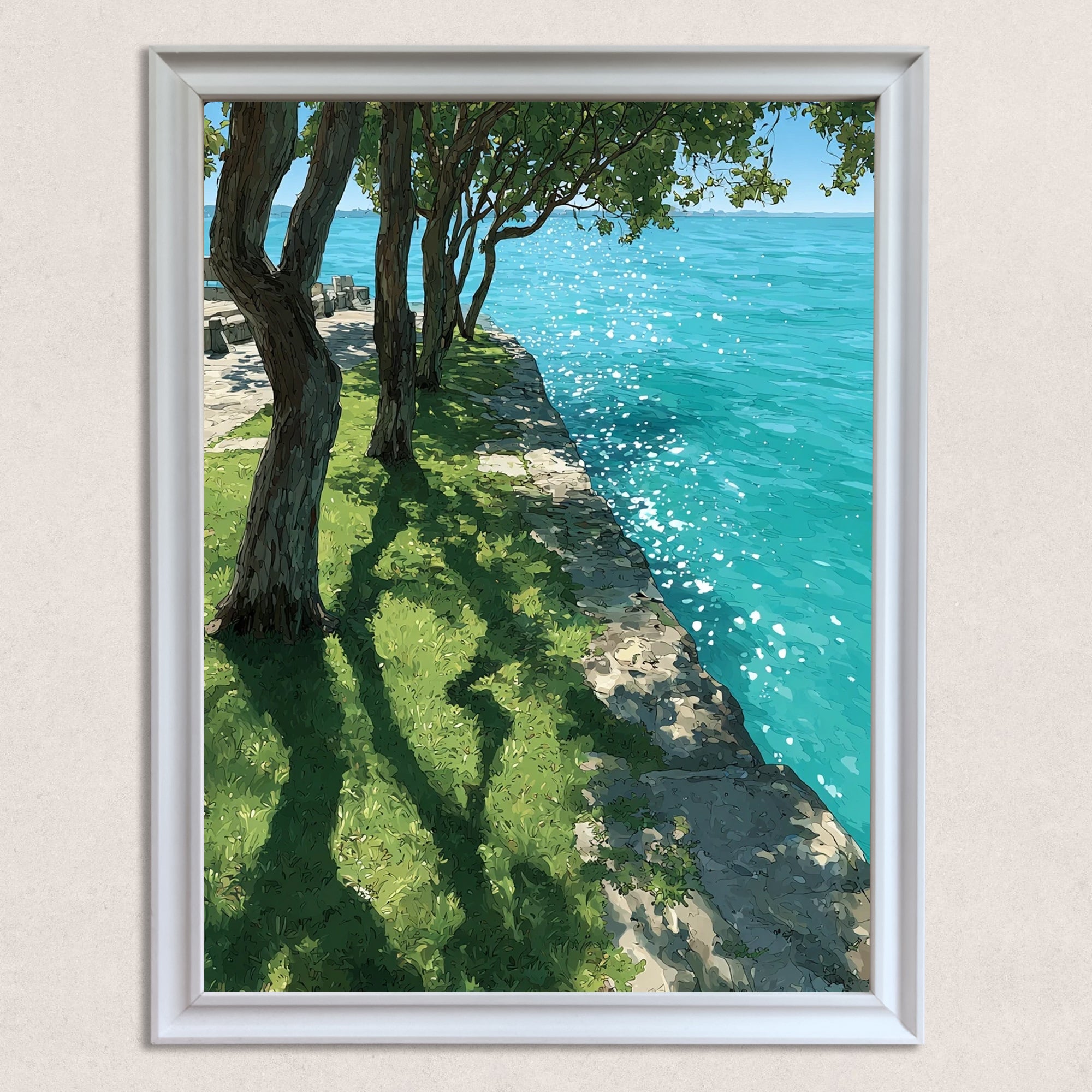 A close-up of the art print in a simple white frame, showing the detail of the sunny waterside scene with deep green grass and turquoise water.