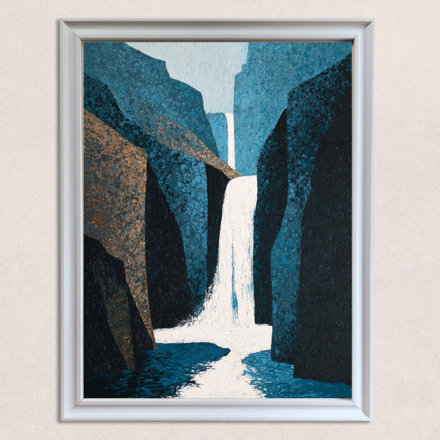 Close-up studio shot of the abstract waterfall and canyon art print in a thick white wood frame. The painting features bold strokes in deep blues, white, and bronze-brown, emphasizing the texture.