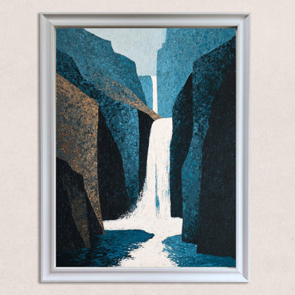 Close-up studio shot of the abstract waterfall and canyon art print in a thick white wood frame. The painting features bold strokes in deep blues, white, and bronze-brown, emphasizing the texture.