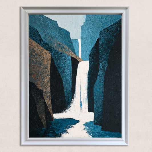 Close-up studio shot of the abstract waterfall and canyon art print in a thick white wood frame. The painting features bold strokes in deep blues, white, and bronze-brown, emphasizing the texture.