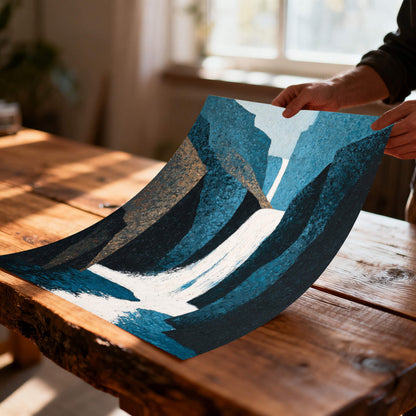 Unframed, flexible art print of the abstract waterfall painting being held over a rustic wood table, illustrating the print material quality and texture.