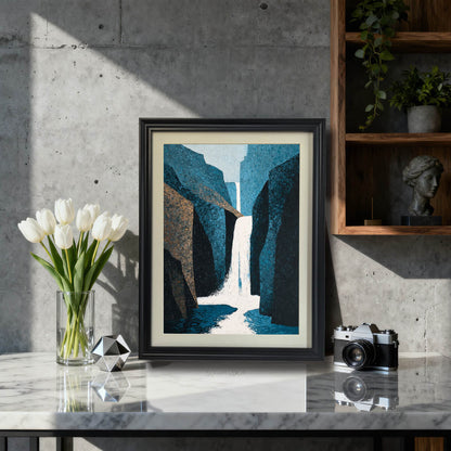 Abstract waterfall art print in a black wood frame with a mat, sitting on a marble countertop next to a vase of white tulips and a vintage camera, ideal for modern or industrial decor.