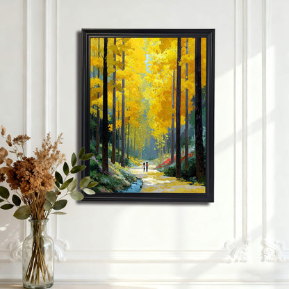 The forest painting in a black frame hanging on a white wall with decorative molding, positioned behind a glass vase of dried flowers.
