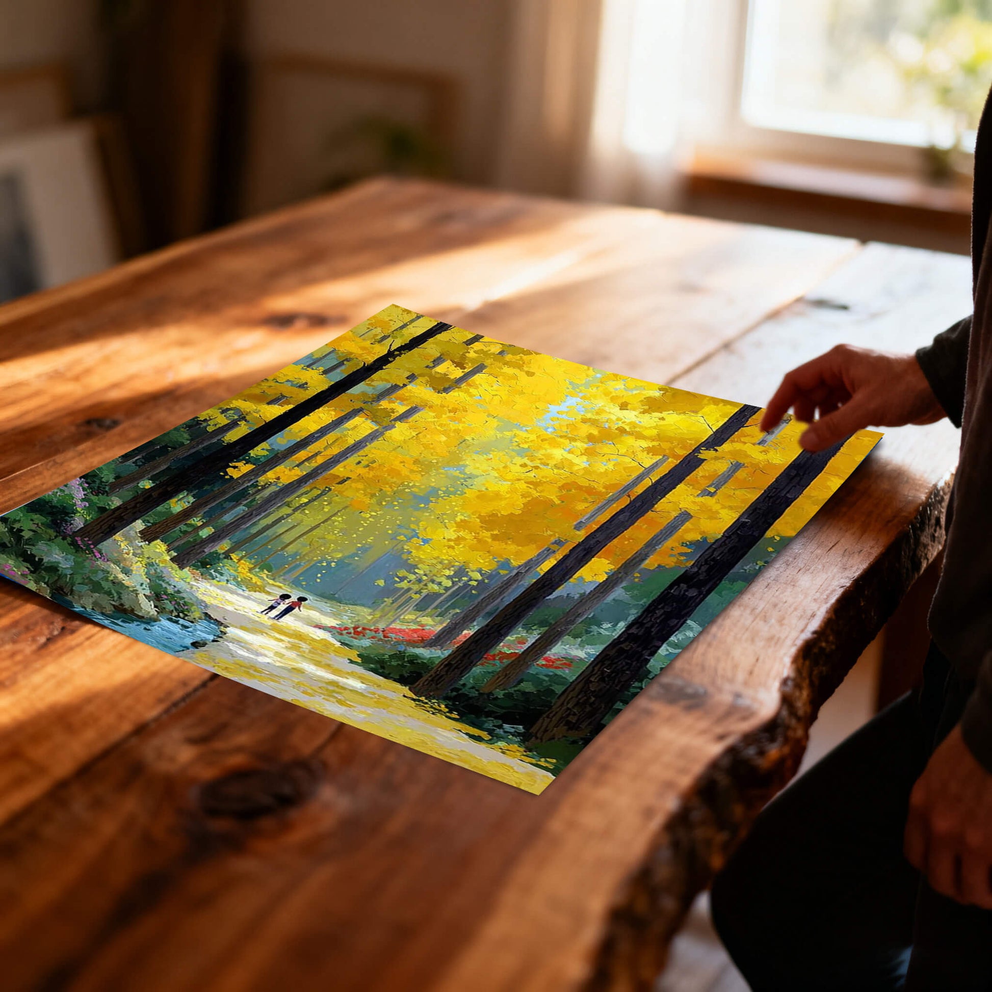 A high-angle view of the unframed forest art print lying flat on a rustic wooden table, with a person's hand visible to the side.