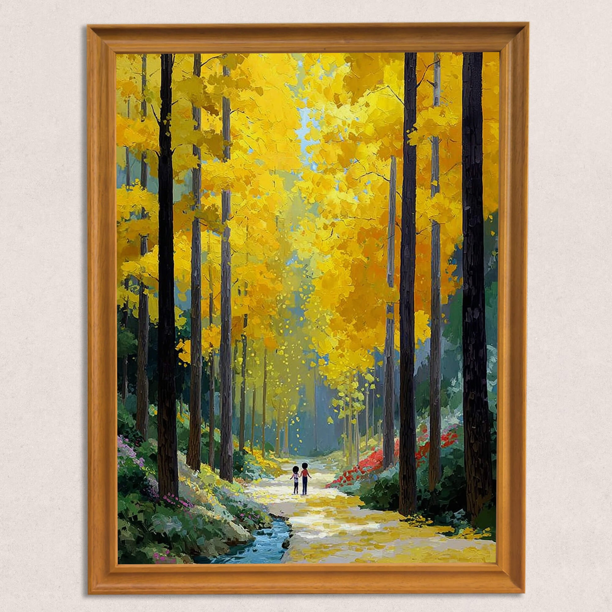 A front-facing product shot of the golden forest painting in a simple natural wood frame against a neutral textured background.