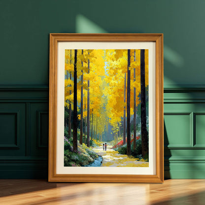 The forest painting in a natural wood frame, leaning against a dark green paneled wall in a brightly lit room.