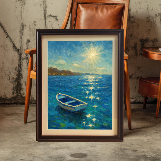 A lifestyle shot of the boat painting in a Coffee/Dark Brown Frame with a Mount (matting). The framed art is leaning against a distressed concrete wall in front of a warm, leather-backed wooden chair.