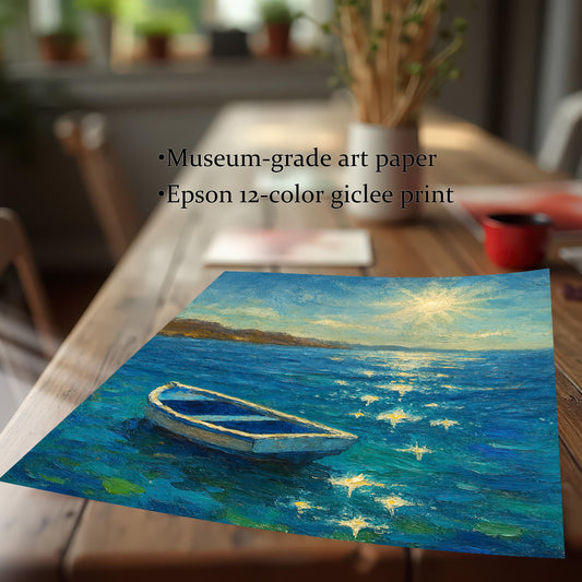 A close-up shot of the boat painting print on a wooden table, emphasizing the print quality. Text highlights: Museum-grade art paper and Epson 12-color giclee print.