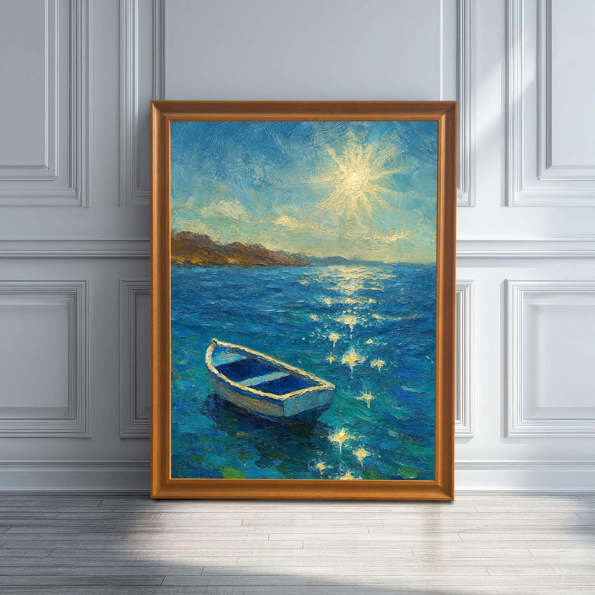 A framed print of the boat painting in an Orange/Wood frame leaning against a white wainscoting wall, with sunlight casting a shadow.