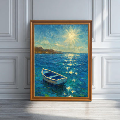 A framed print of the boat painting in an Orange/Wood frame leaning against a white wainscoting wall, with sunlight casting a shadow.