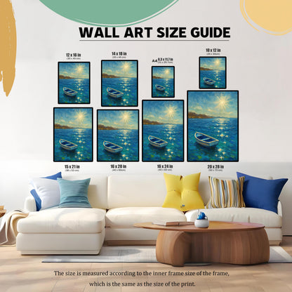 A Wall Art Size Guide graphic, showing nine different print sizes (e.g., 12x16 in, 16x24 in, 20x28 in) of the boat painting displayed above a large white couch in a living room setting for scale.