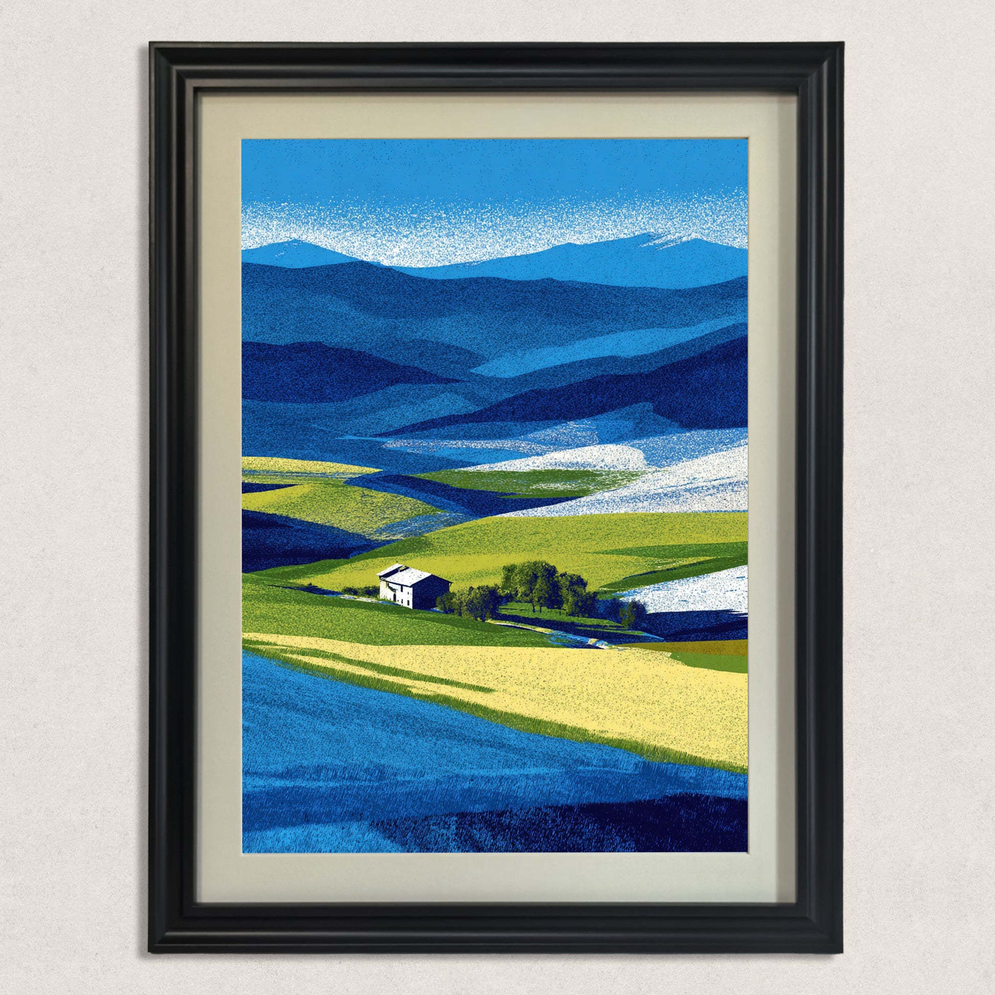 Vertical abstract farm landscape print with intense blue and yellow-green colors, featuring layered hills and a small farmhouse, framed in a classic black wood frame.