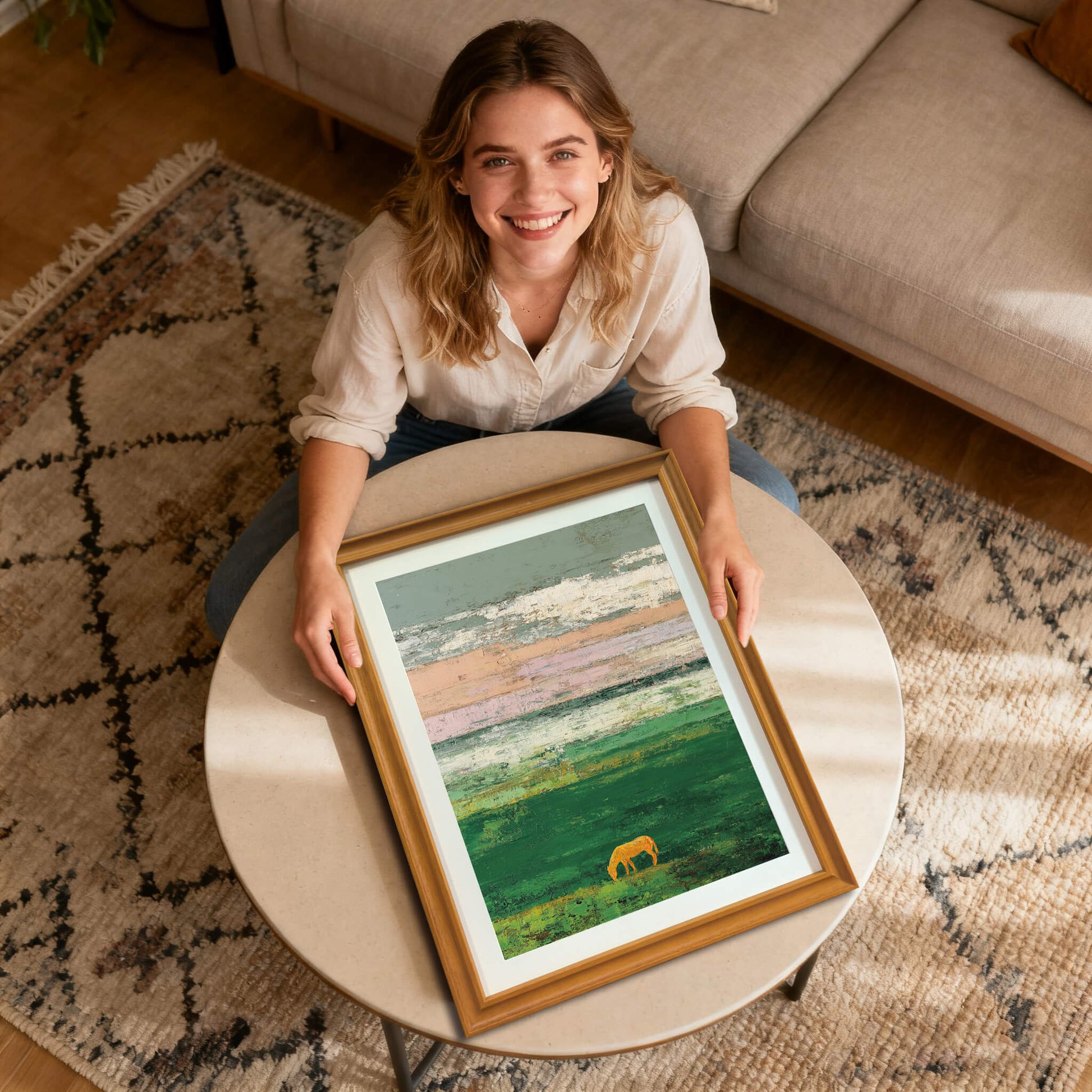 A smiling woman sits on the floor holding a framed art print of an abstract green field with a grazing golden horse silhouette and a textured, colorful sky. The frame is natural wood and rests on a round coffee table.