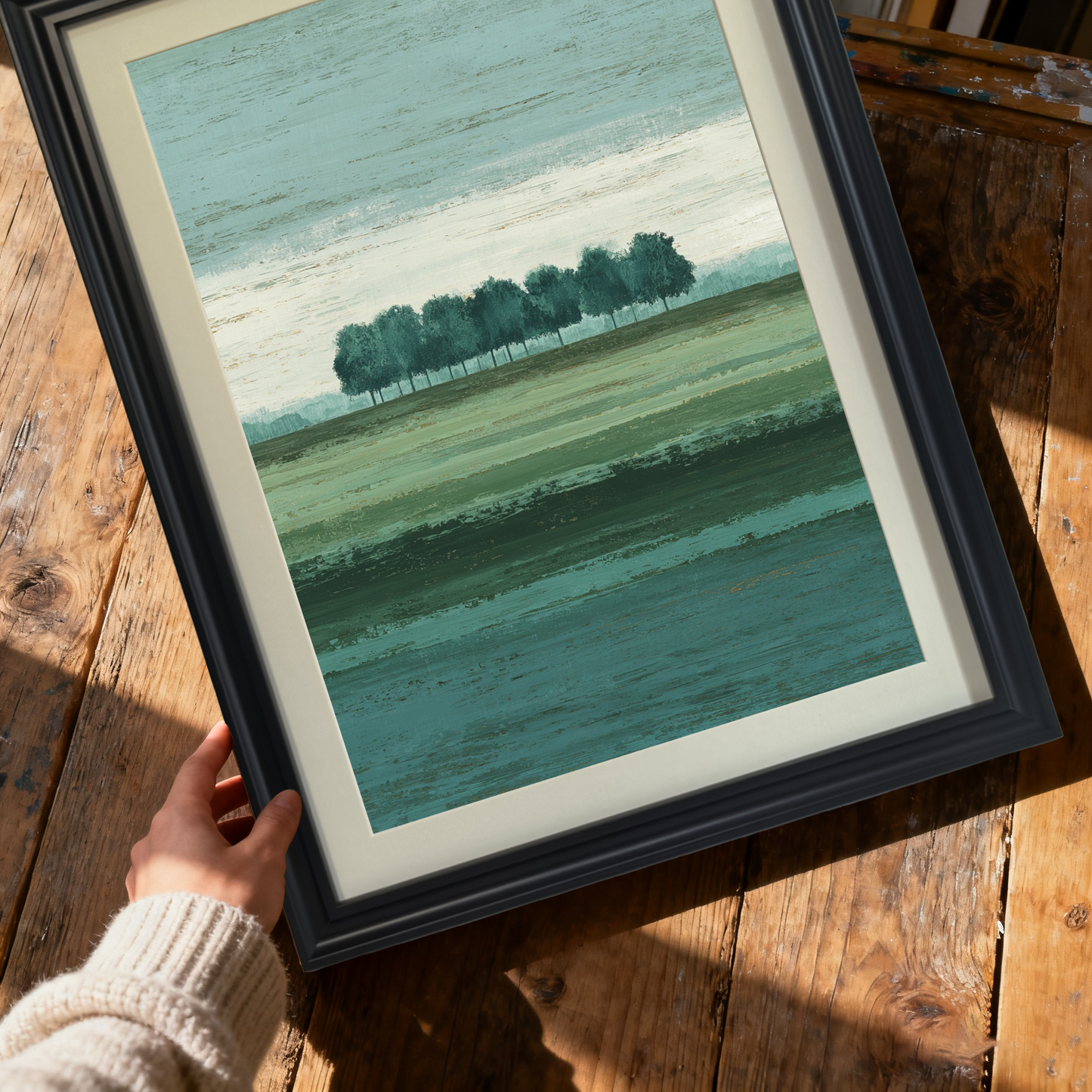 Close-up shot of hands holding a framed abstract landscape print with banded green fields and trees, in a thick black wood frame, over a rustic wooden table.