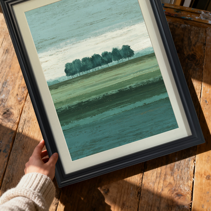 Close-up shot of hands holding a framed abstract landscape print with banded green fields and trees, in a thick black wood frame, over a rustic wooden table.