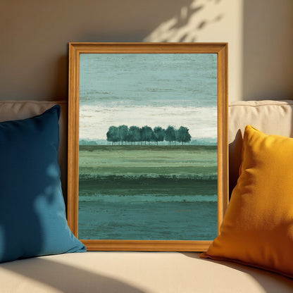 Vertical abstract landscape art print with the row of trees and banded green fields, in a natural brown wood frame, resting on a beige couch between a blue and a yellow throw pillow.