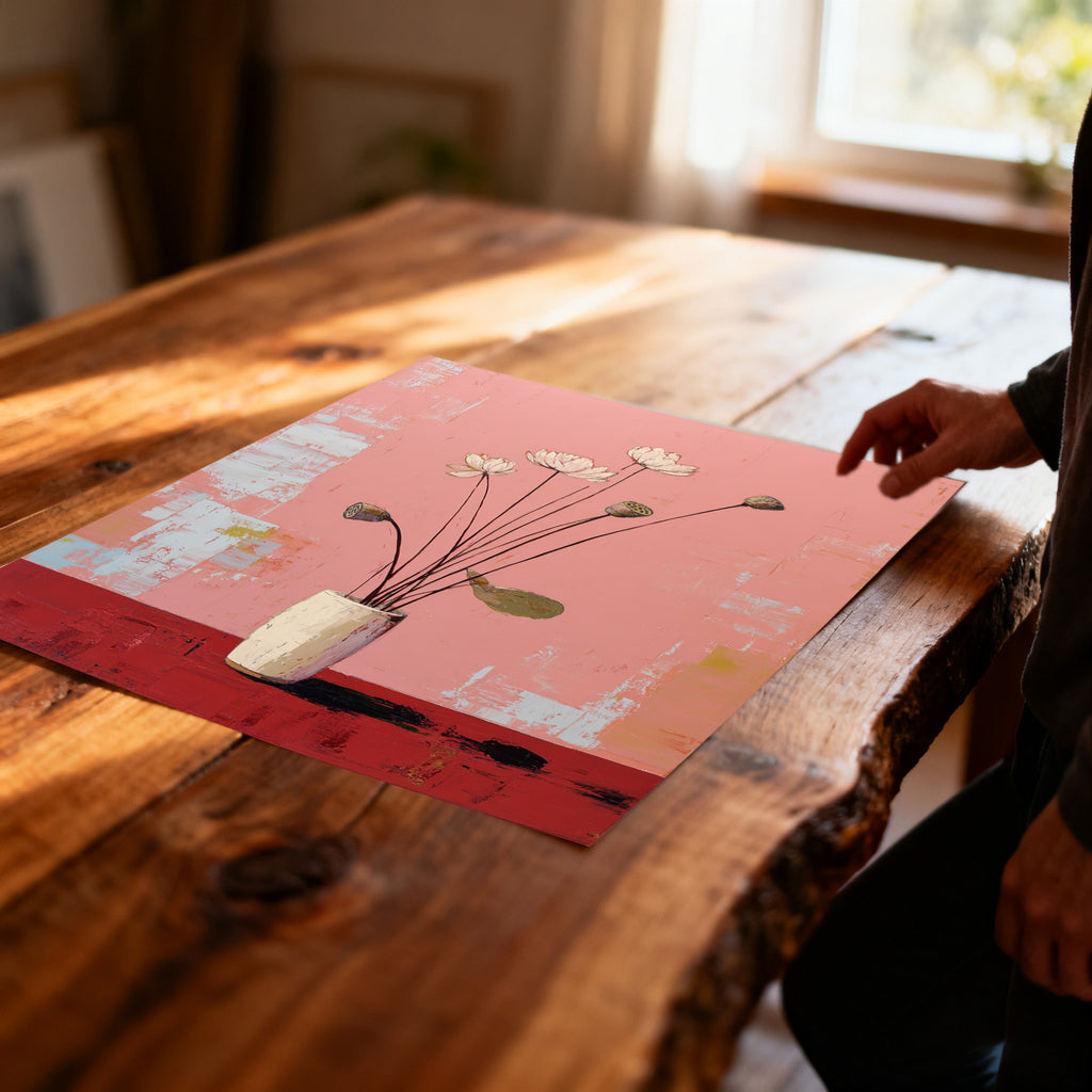 A close-up, angled view of the unframed canvas art print, showing the white lotus flowers and textured pink/red background, resting on a rustic, live-edge wooden table, with a hand adjusting the corner.