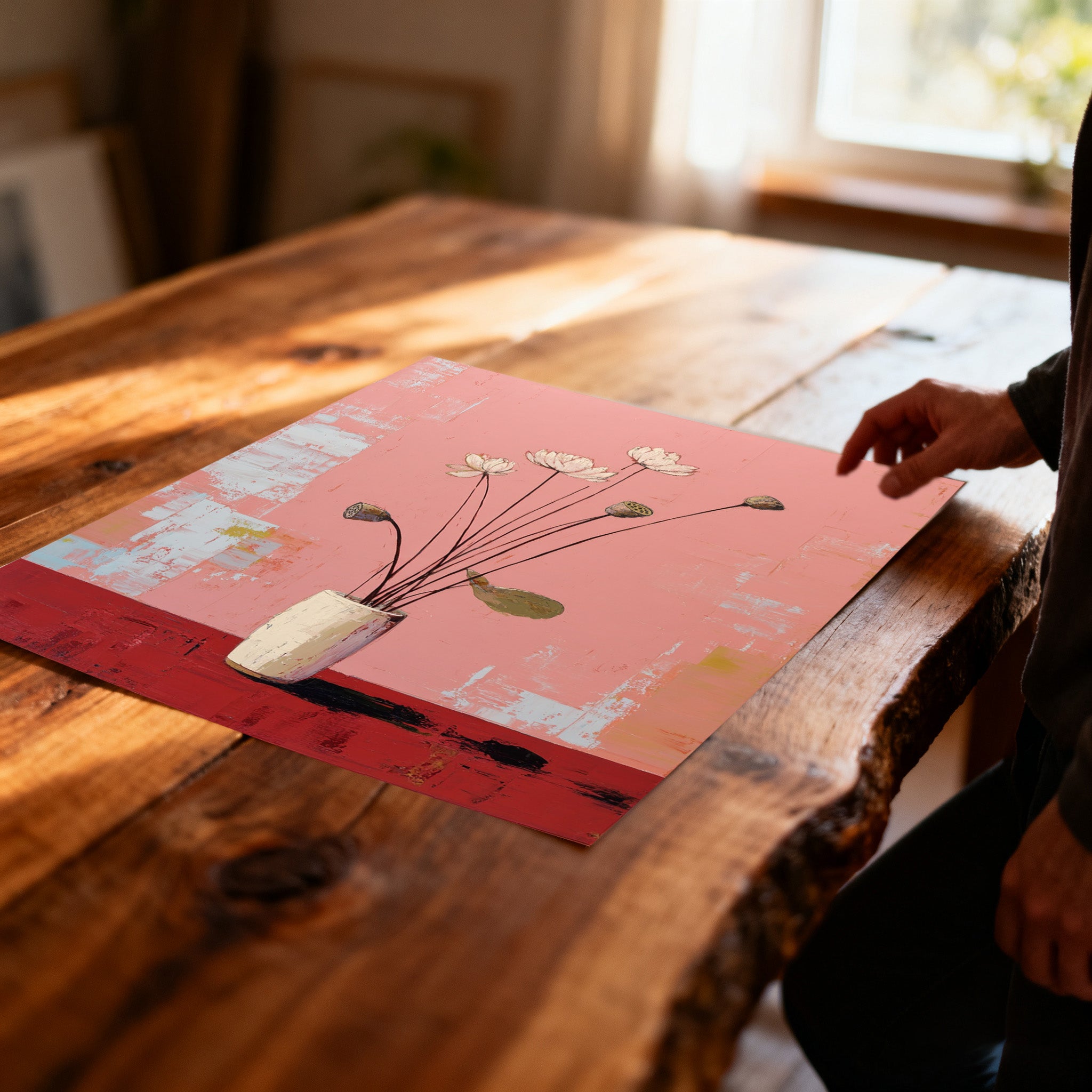 A close-up, angled view of the unframed canvas art print, showing the white lotus flowers and textured pink/red background, resting on a rustic, live-edge wooden table, with a hand adjusting the corner.