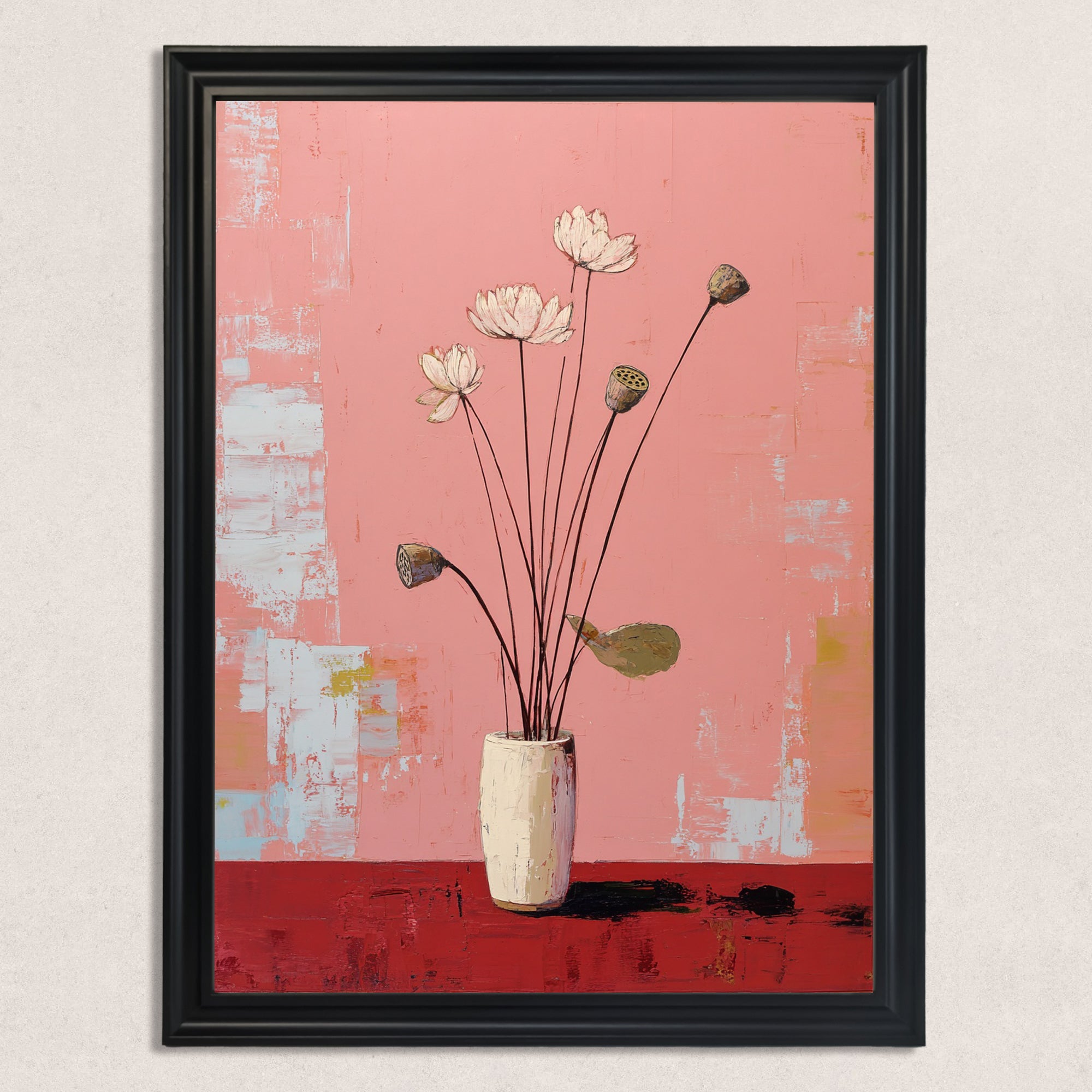 A vertical, rectangular painting of delicate white lotus flowers and seed pods in a textured white vase, set against a pink and red background with black frame.