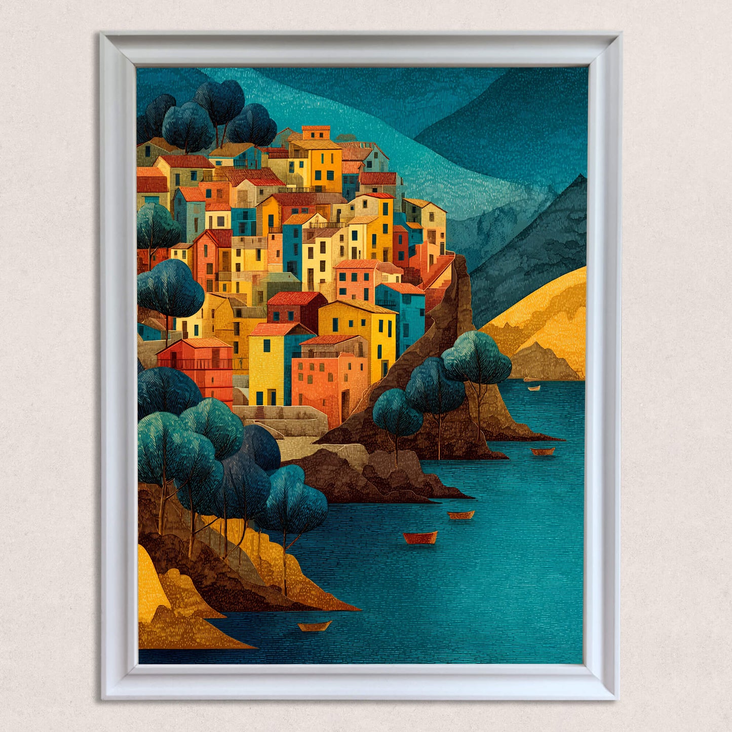 Close-up of the vibrant art print depicting a cliffside village next to the sea, showcased in a simple white frame.