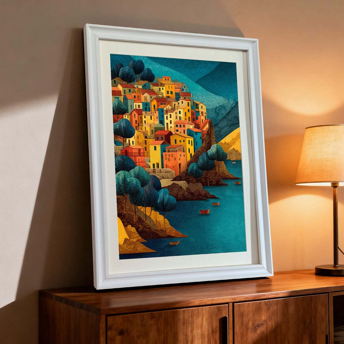 Framed art print of a colorful seaside village in a white frame, resting on a dark wood dresser next to a lamp.