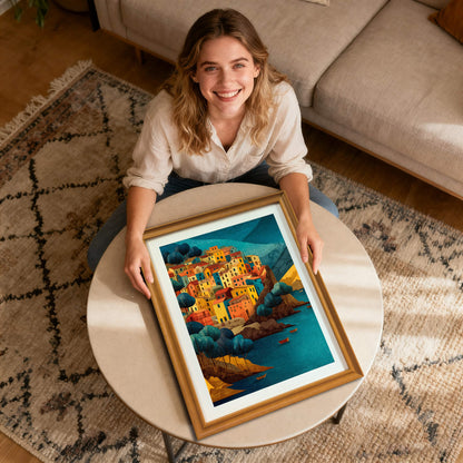 A woman smiling and holding the framed art print in a light wood (natural) frame while sitting on a rug next to a coffee table.