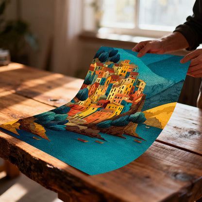Hands holding the unframed art print, showing the textured illustration of the coastal village, placed on a rustic wooden table.
