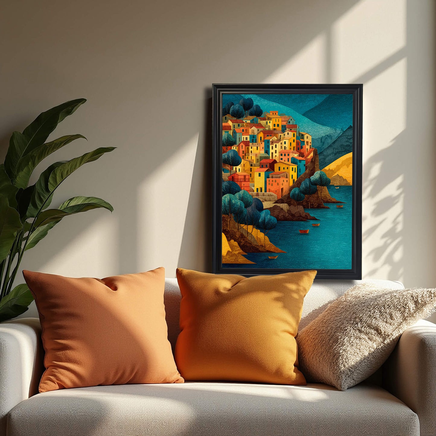 Framed art print of a colorful Italian coastal town on a cliffside, displayed in a black frame hanging above a white sofa with orange pillows.