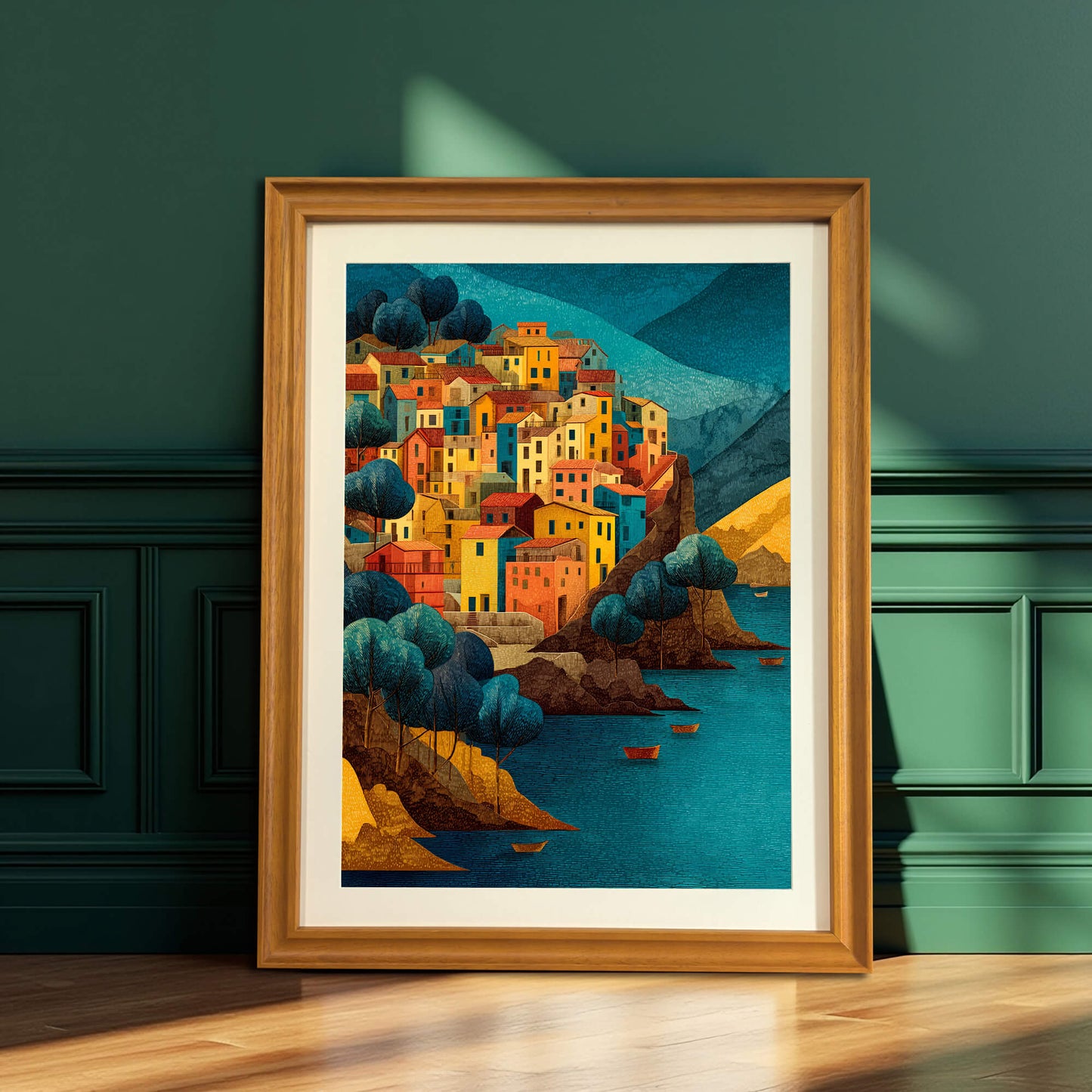 Framed art print of a seaside village in a light wood (natural) frame, leaning against a dark green paneled wall.