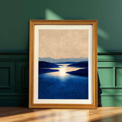 Art print of a blue lake and hills in a light wood (natural) frame, leaning against a dark green paneled wall.