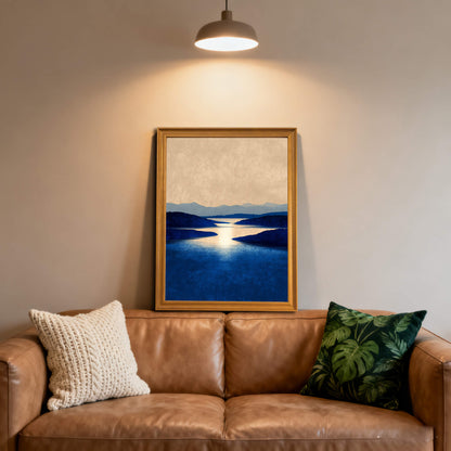 Framed art print of a serene blue lake and hills in a light wood (natural) frame, hanging over a brown leather couch with textured and tropical print pillows.