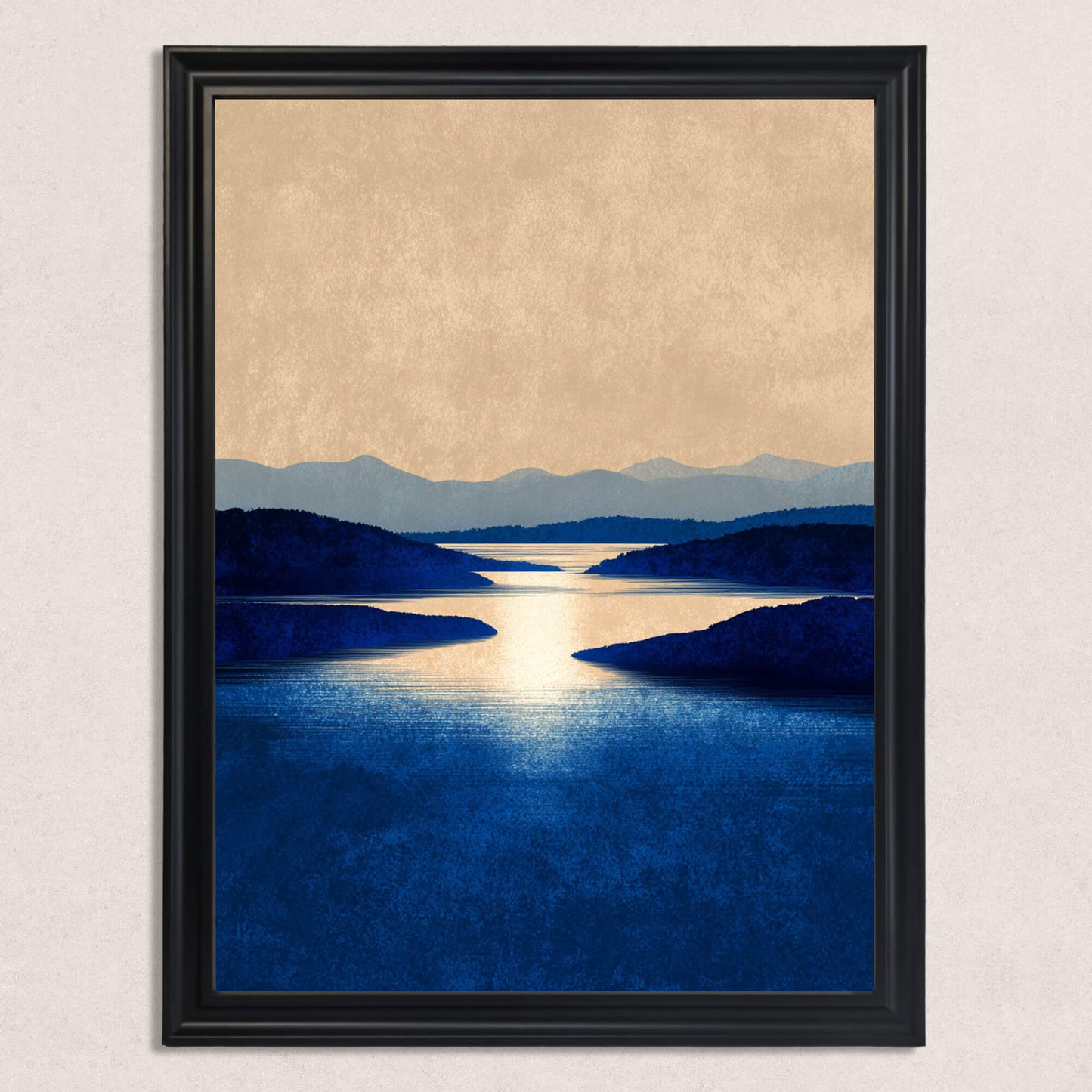 Close-up of the art print featuring a tranquil blue lake and beige sky, showcased in a simple black frame.