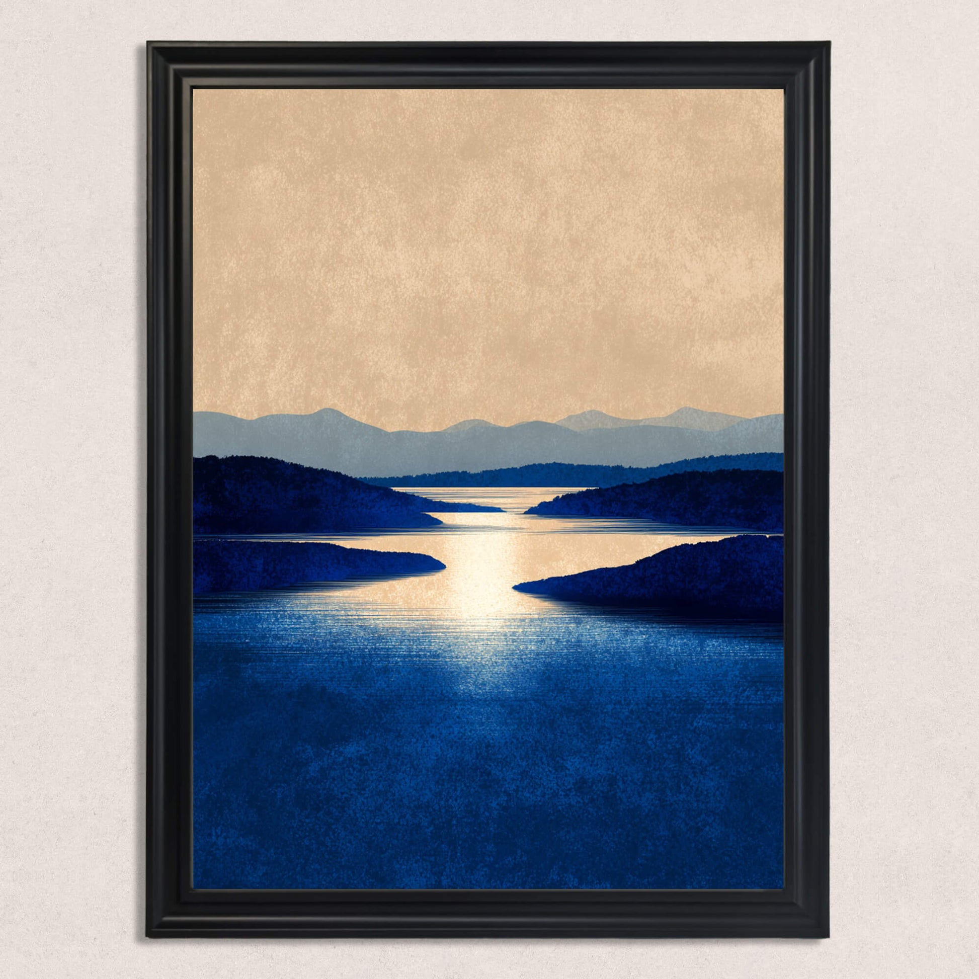 Close-up of the art print featuring a tranquil blue lake and beige sky, showcased in a simple black frame.