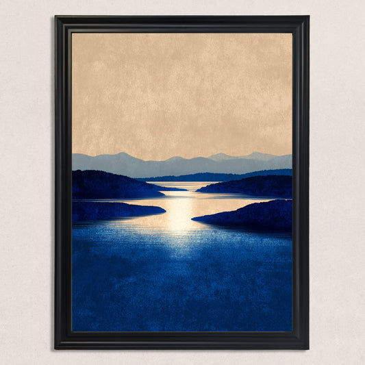 Close-up of the art print featuring a tranquil blue lake and beige sky, showcased in a simple black frame.
