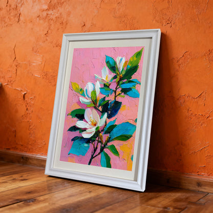 Framed pink magnolia impasto painting leaning against a textured orange wall on a wooden floor.