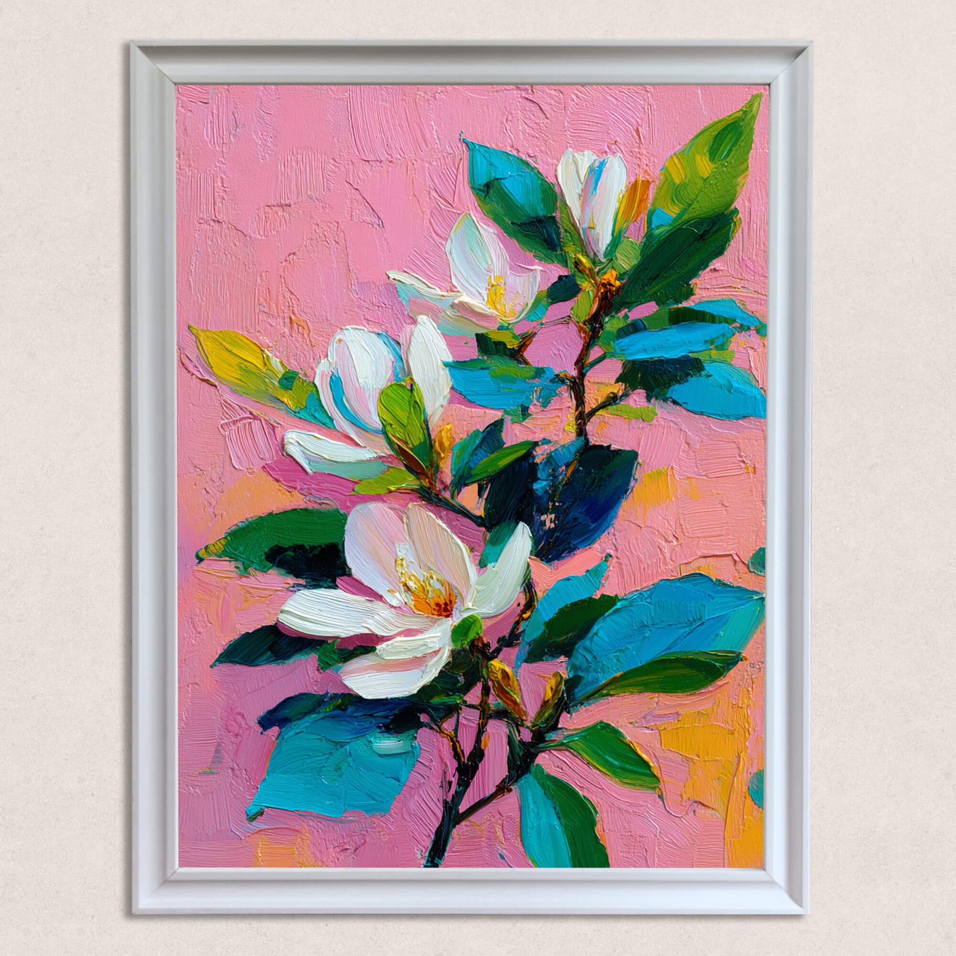 Frontal view of a white-framed textured oil painting of white magnolias against a bright pink background.