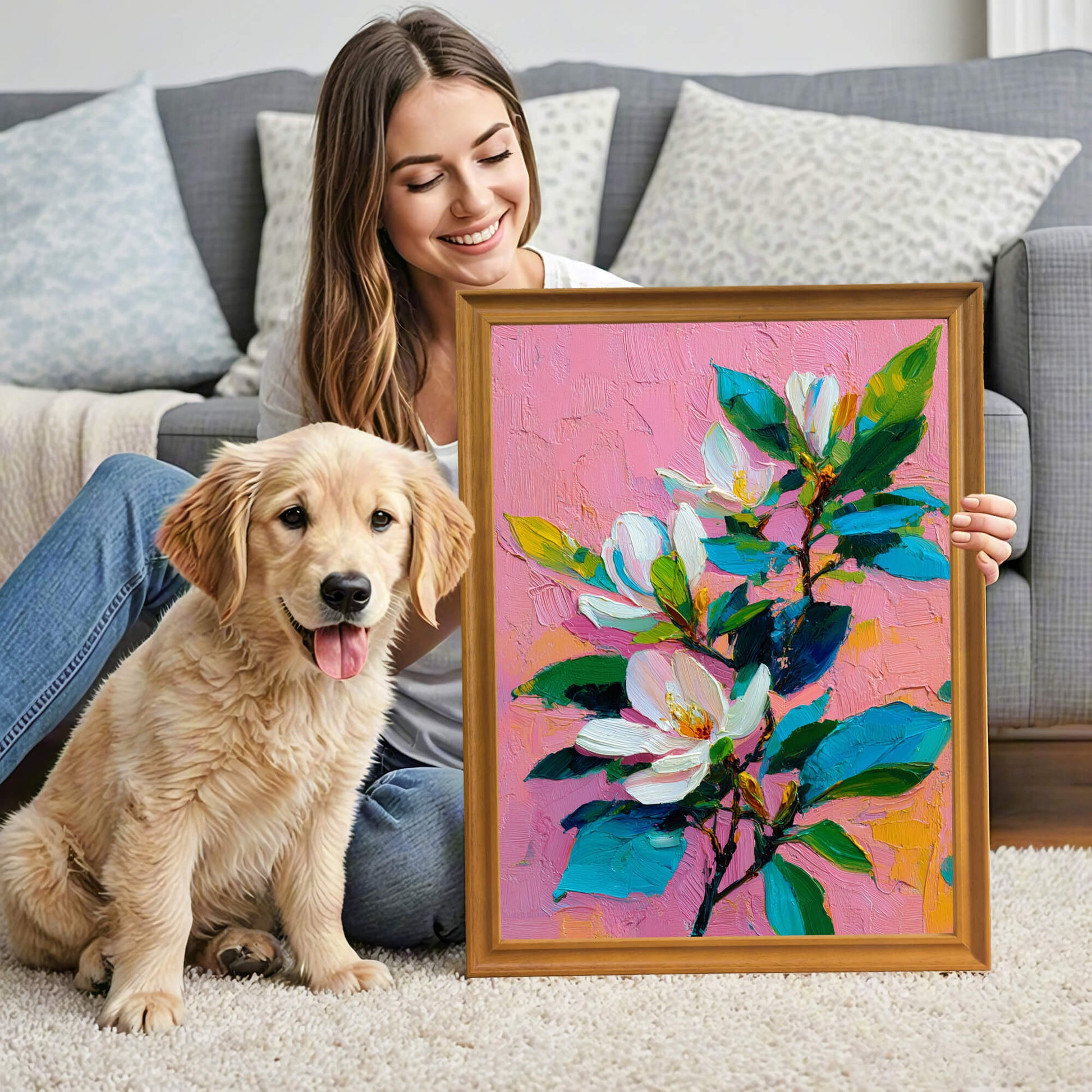 A woman and a golden retriever puppy sitting on a rug holding a wood-framed magnolia art print.