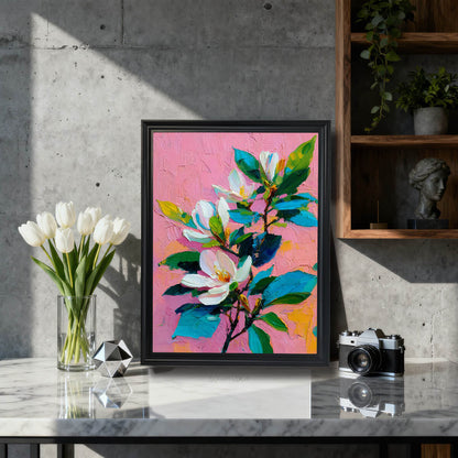 Black-framed textured magnolia oil painting print on a marble tabletop in a modern grey room.