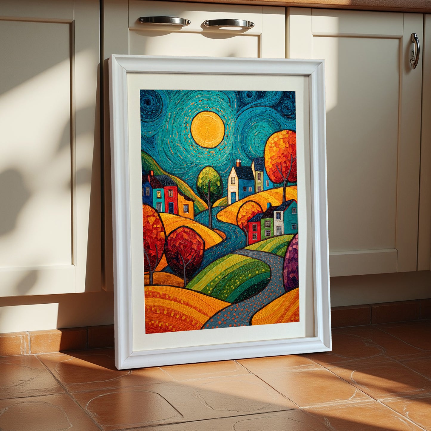 The colorful art print in a white wooden frame with a mat, leaning on a terracotta-tiled floor against a white kitchen cabinet base.