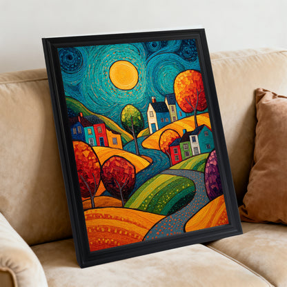The colorful village art print, framed in black wood, leaning against the cushion of a tan, velvet-like couch, highlighting the bright colors of the artwork.
