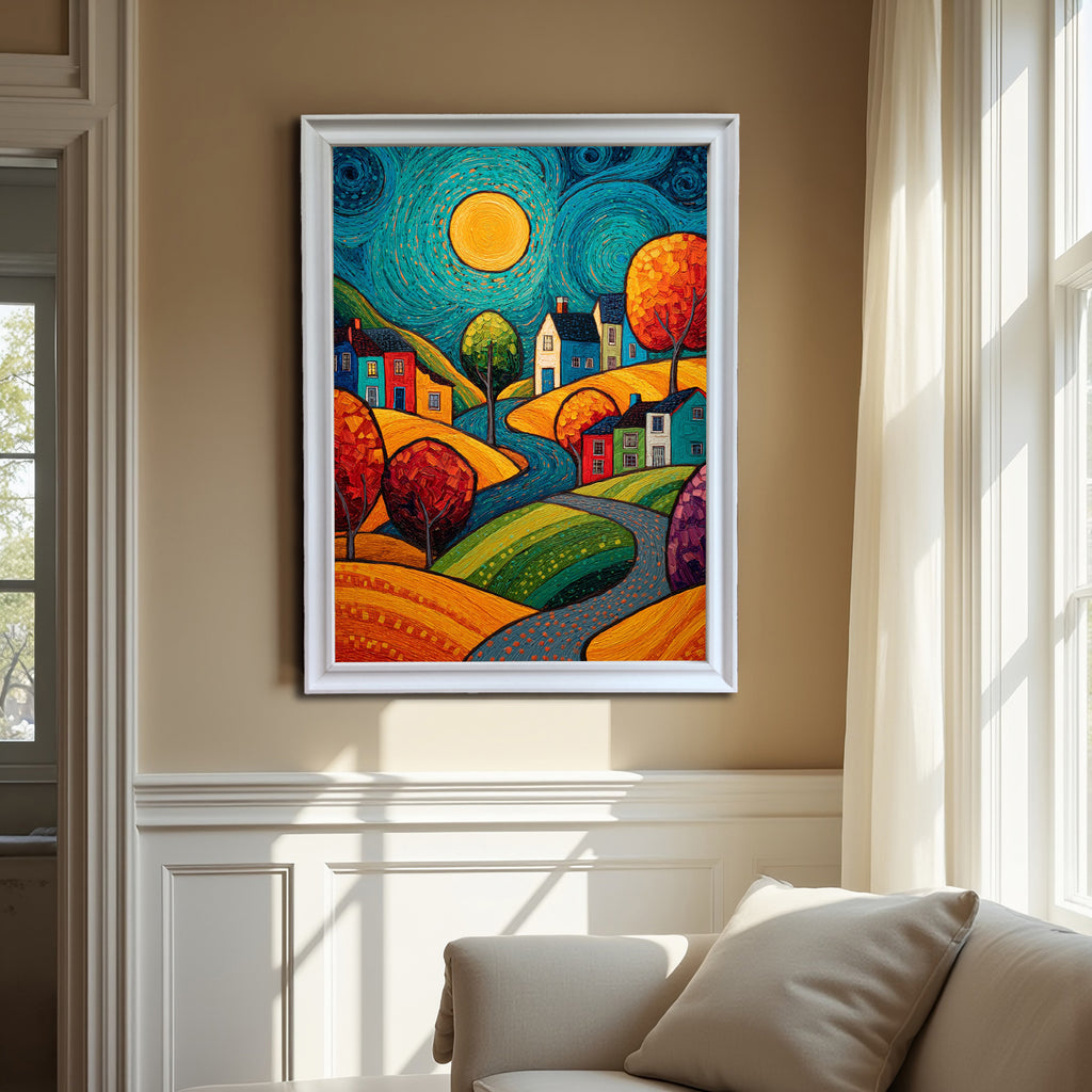 The colorful, textured art print of a cheerful village scene under a swirling sky, framed in white wood, hanging on a beige wall above a cream-colored couch in a bright, sunlit living room.