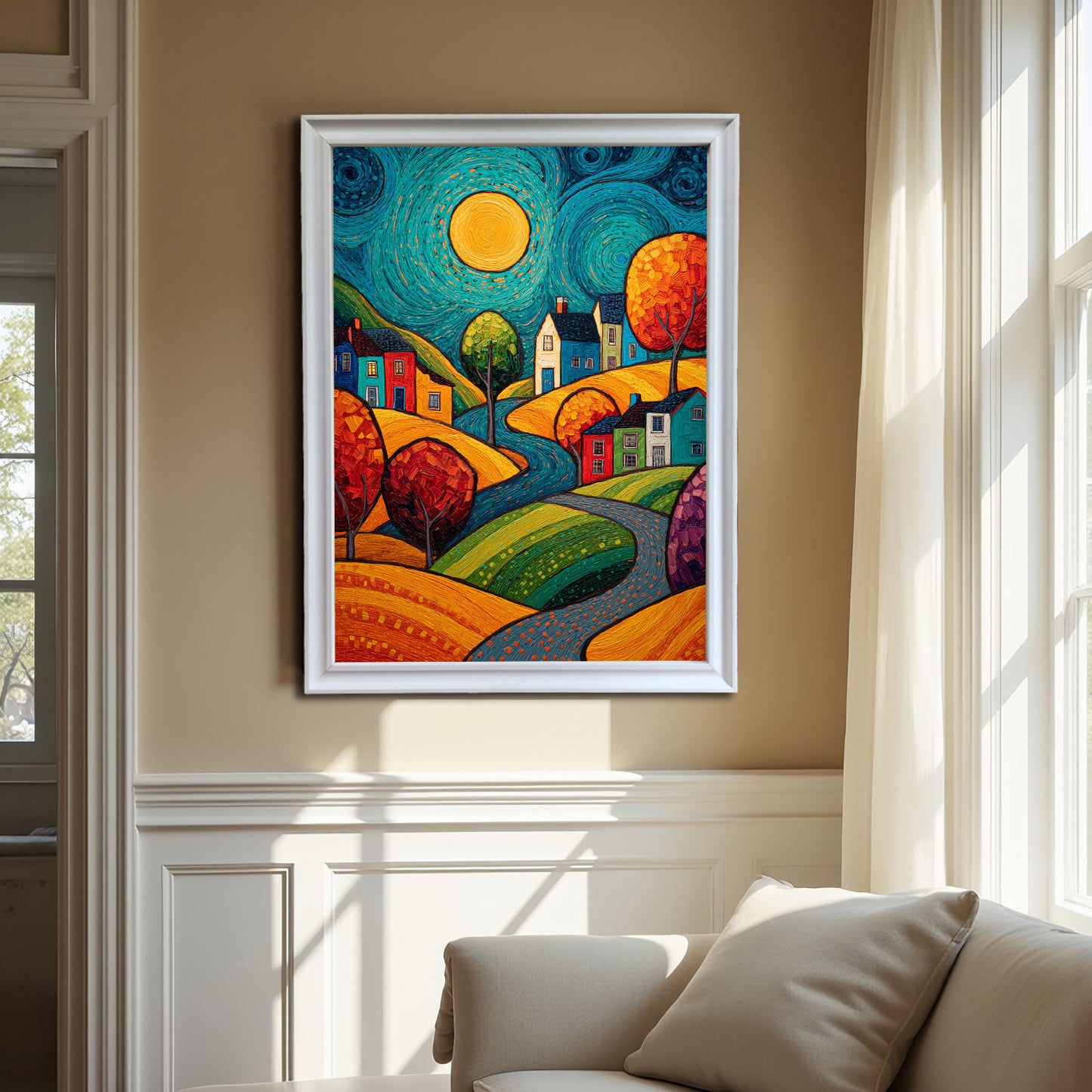 The colorful, textured art print of a cheerful village scene under a swirling sky, framed in white wood, hanging on a beige wall above a cream-colored couch in a bright, sunlit living room.