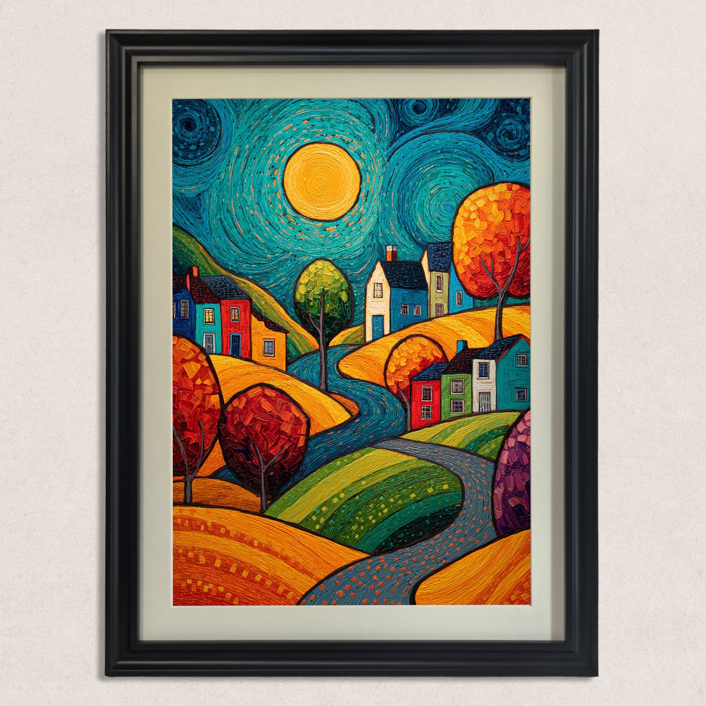 A close-up of the vibrant village art print, framed in a simple black wood frame with a wide mat, hanging against a subtly textured cream wall.