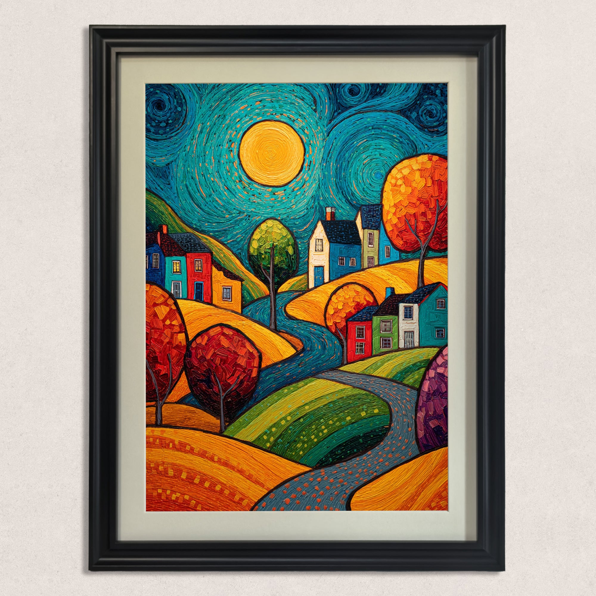 A close-up of the vibrant village art print, framed in a simple black wood frame with a wide mat, hanging against a subtly textured cream wall.
