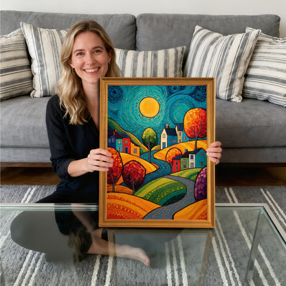 A smiling woman sitting on the floor in front of a gray couch, holding the vibrant village art print framed in gold-toned wood, showcasing the artwork.