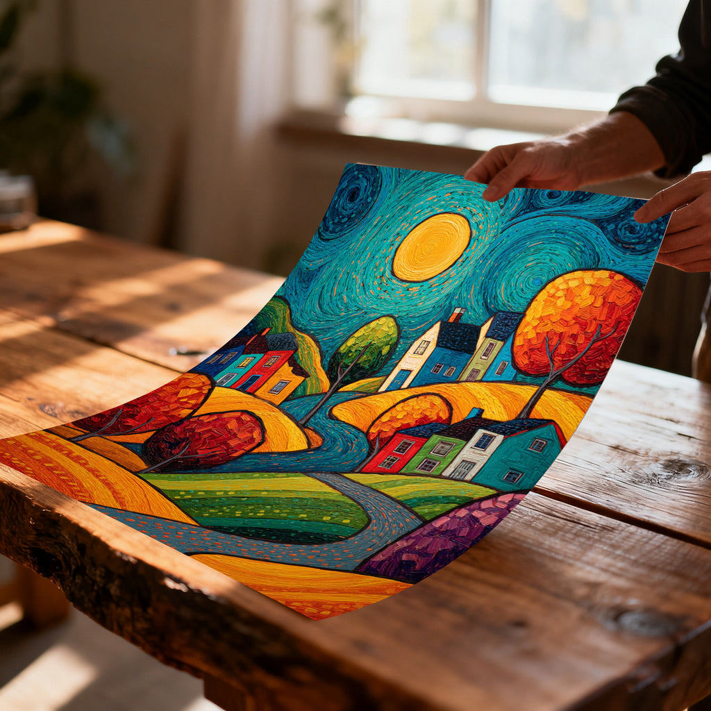 A close-up of the unframed art print, featuring the colorful village and swirling lines, being held over a rustic wooden table, showing the texture and bright colors of the print.