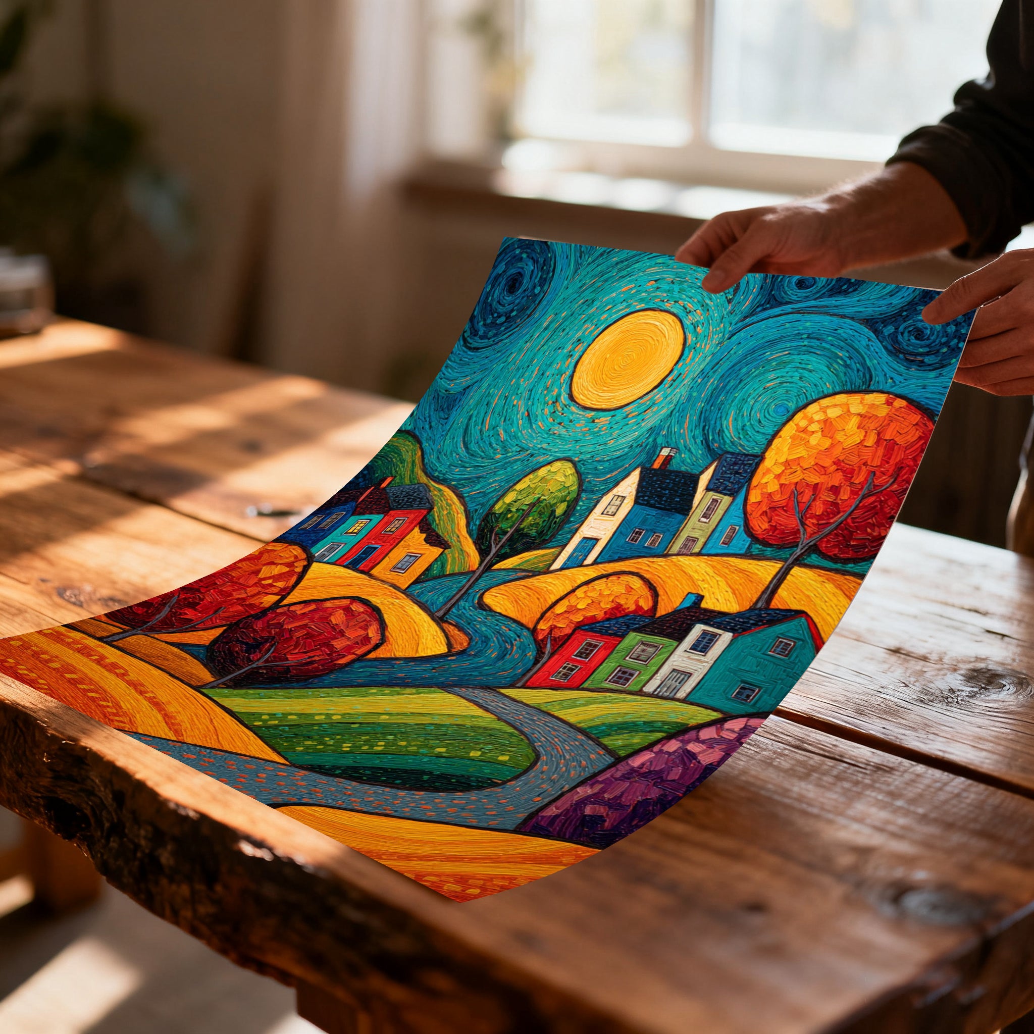 A close-up of the unframed art print, featuring the colorful village and swirling lines, being held over a rustic wooden table, showing the texture and bright colors of the print.