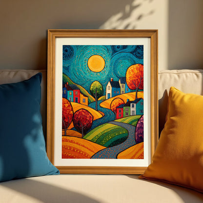 The vibrant village art print in a light brown wooden frame with a mat, leaning on a beige couch between a blue and a yellow throw pillow, creating a warm and cozy vignette.
