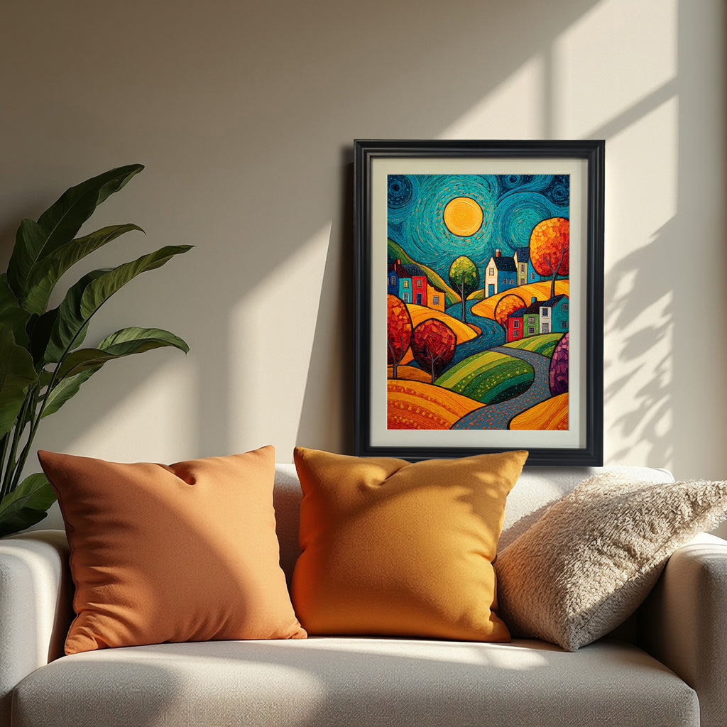 The art print, framed in a thick black wood frame, standing on a white couch between two orange throw pillows, next to a large potted plant against a neutral wall. Sunlight casts long shadows.