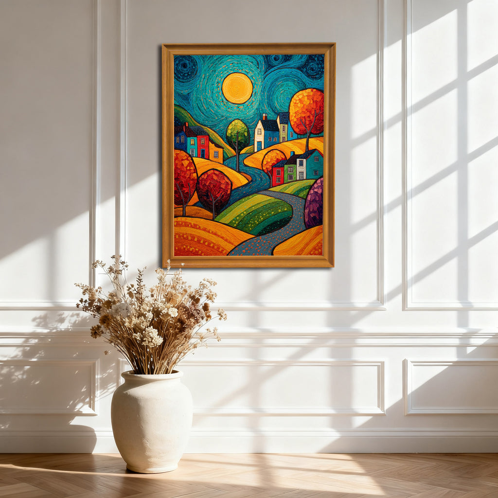 A vibrant, folk-art-style painting of a colorful village nestled in rolling hills under a swirling starry night sky with a yellow moon, framed in warm wood, hanging on a white paneled wall above a vase of dried flowers.